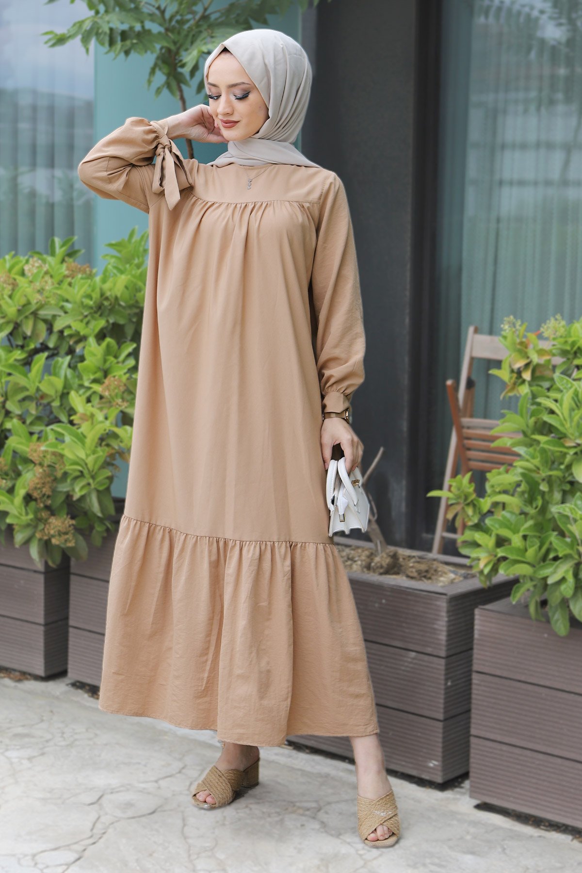 Kol Ucu Bağlamalı Elbise TSD220609 Camel