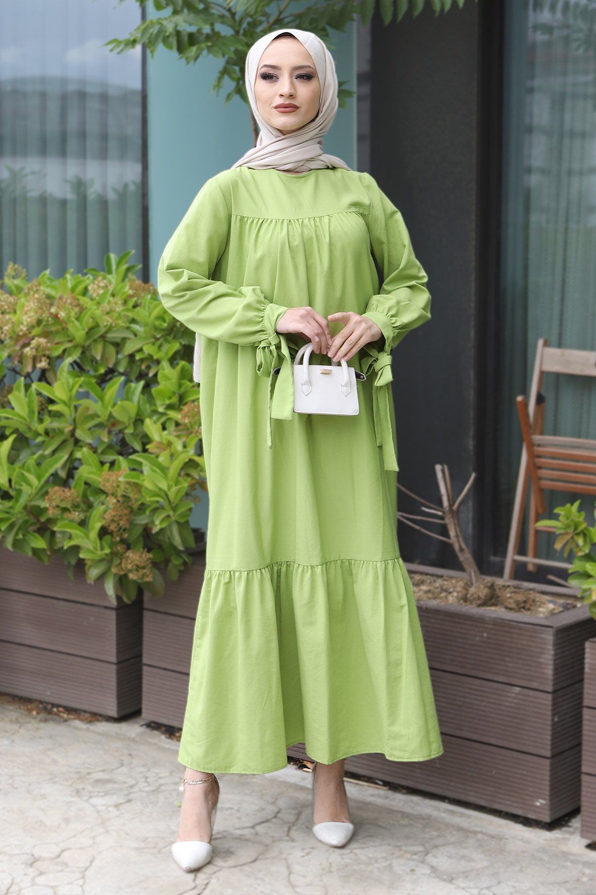 Kol Ucu Bağlamalı Elbise TSD220609 Fıstık Yeşili