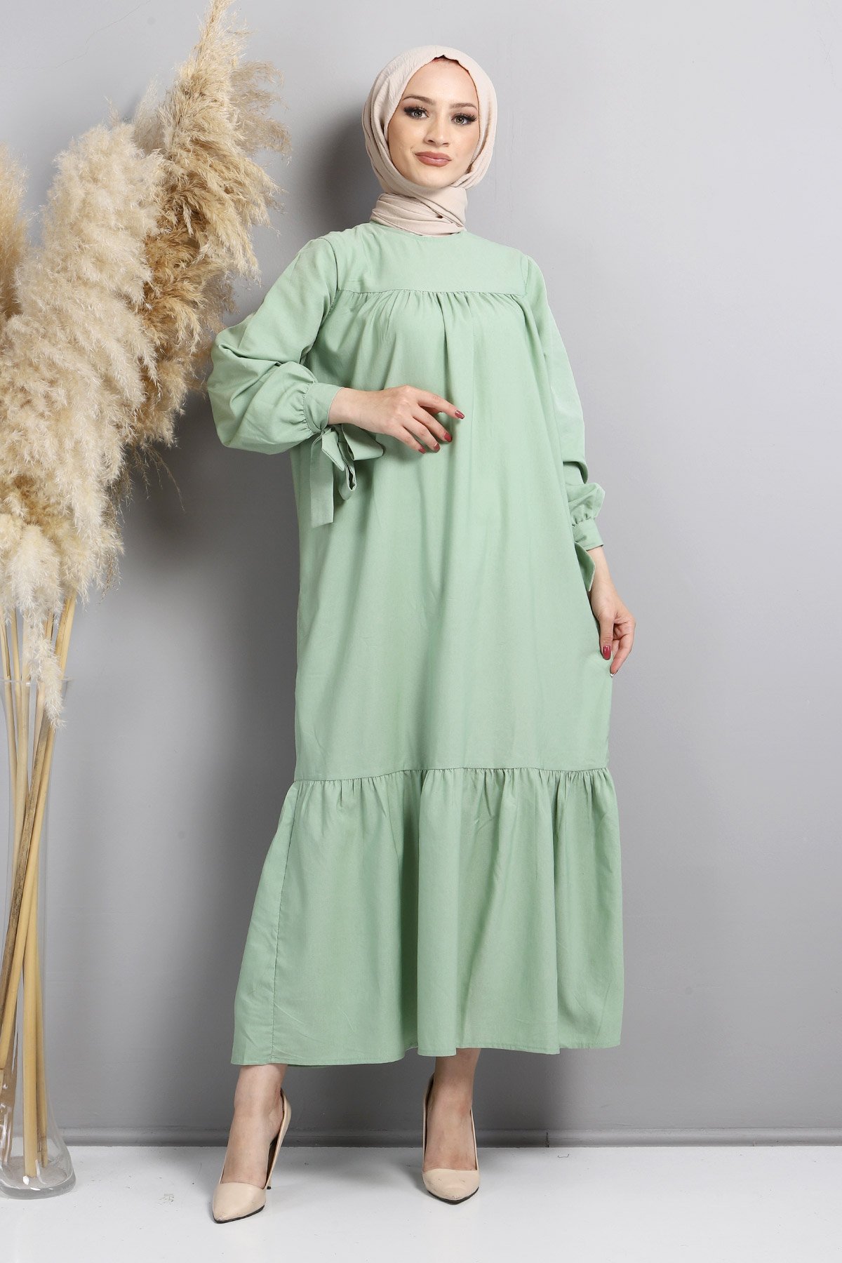 Kol Ucu Bağlamalı Elbise TSD220609 Mint Yeşili