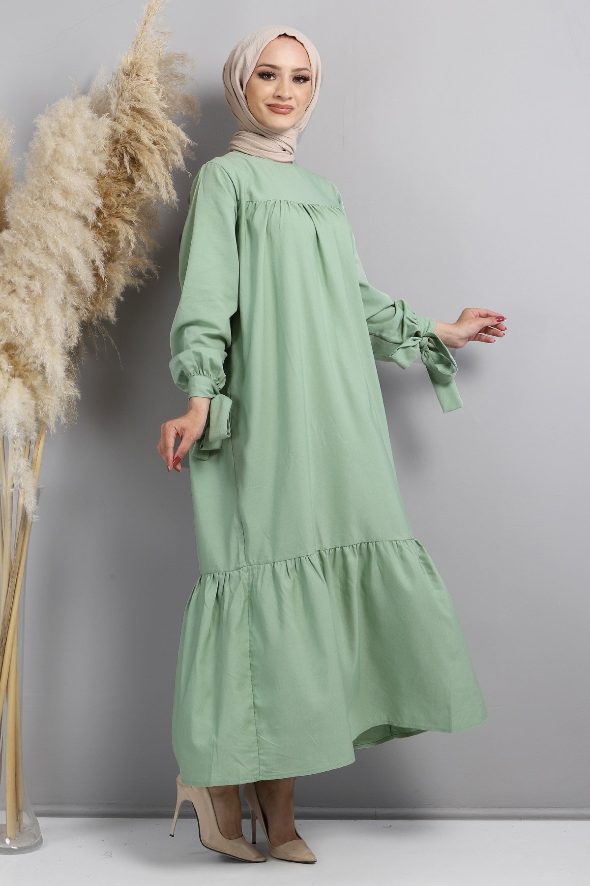 Kol Ucu Bağlamalı Elbise TSD220609 Mint Yeşili