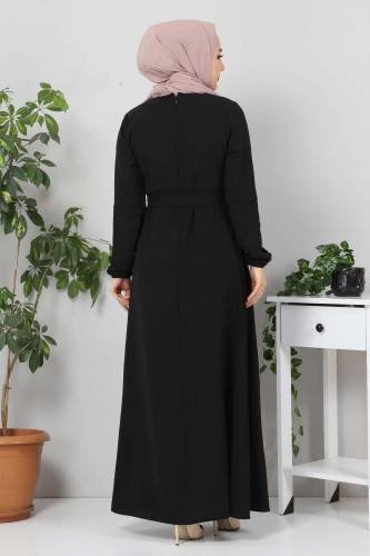 Kolları Düğme Detaylı Tesettür Elbise TSD4401 Siyah - Thumbnail