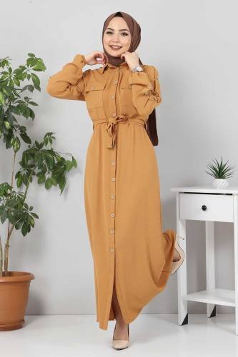 Kolları Düğmeli Ayrobin Elbise TSD0369 Hardal - Thumbnail