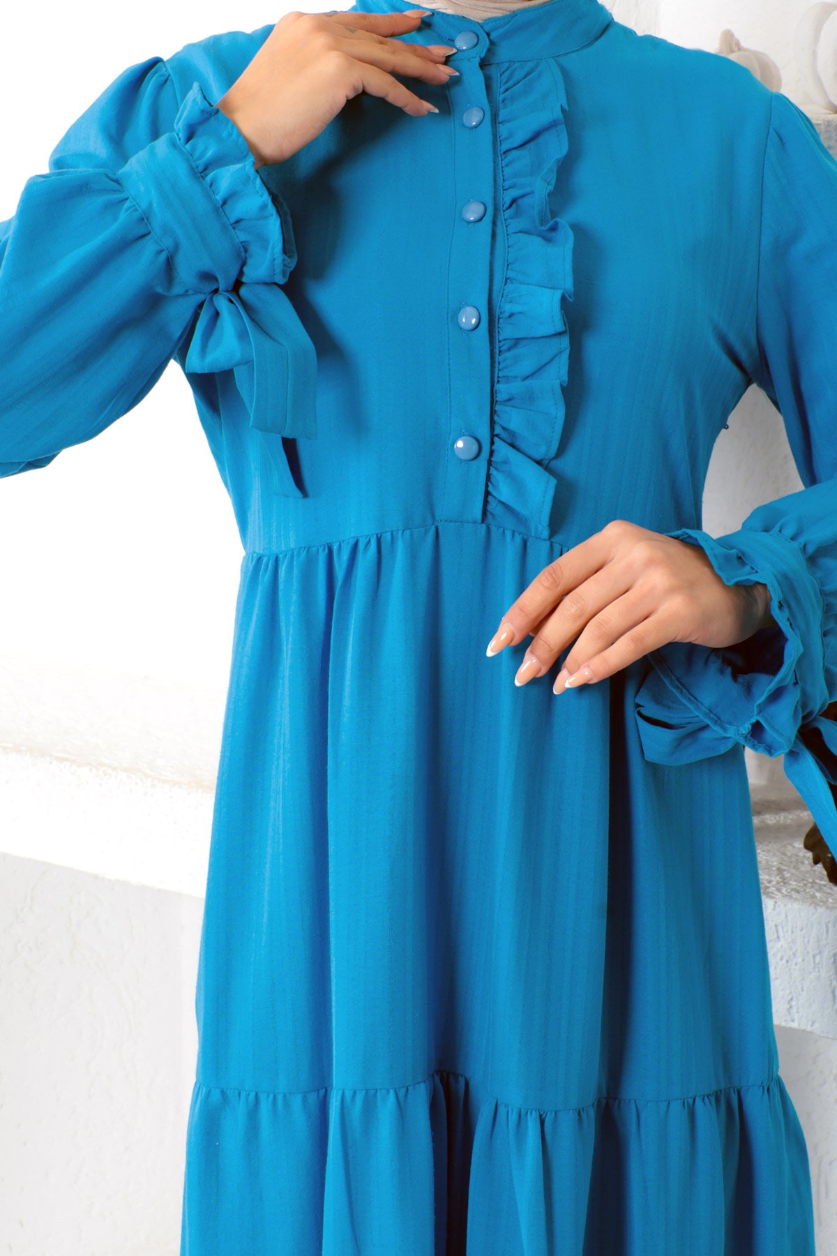 Kolu Bağlamalı Tesettür Elbise TSD221207 Mavi