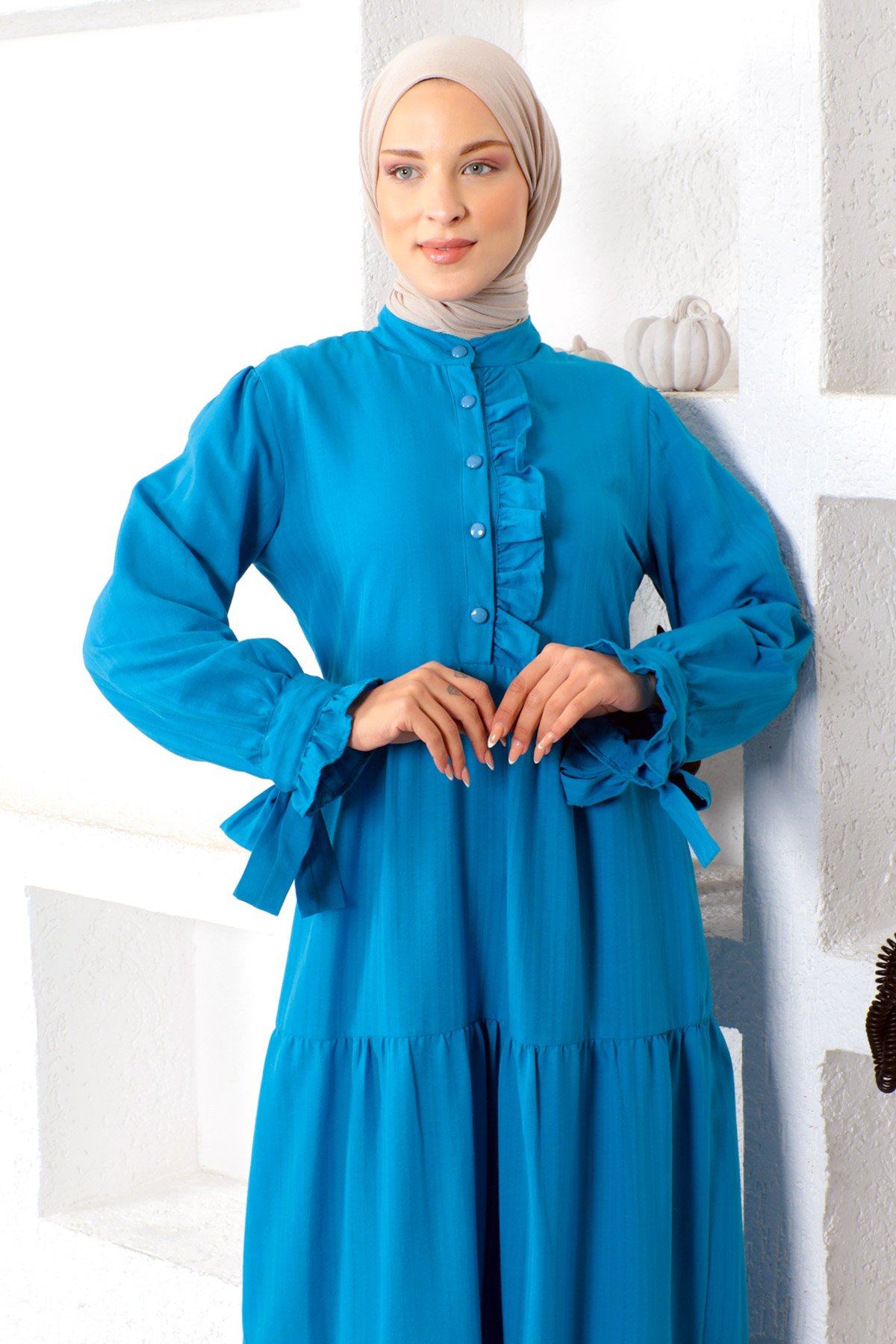 Kolu Bağlamalı Tesettür Elbise TSD221207 Mavi