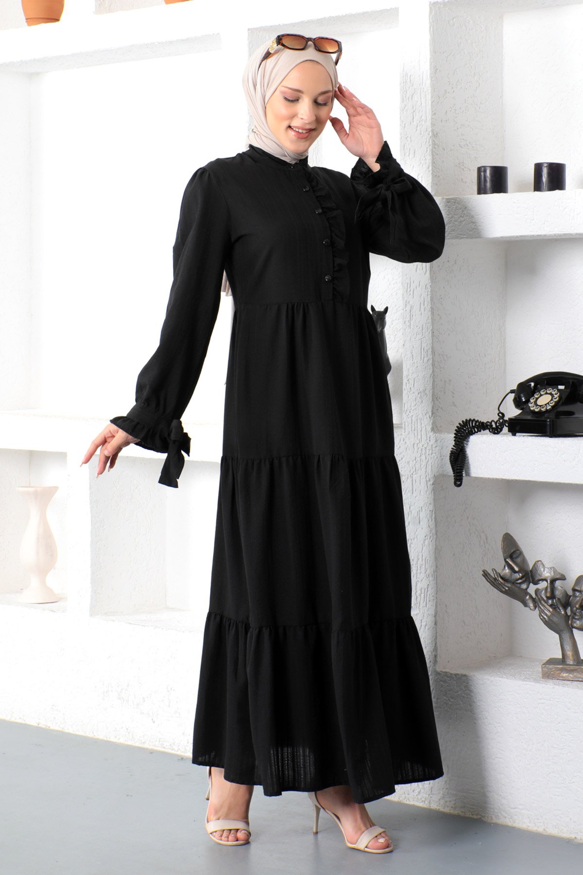 Kolu Bağlamalı Tesettür Elbise TSD221207 Siyah