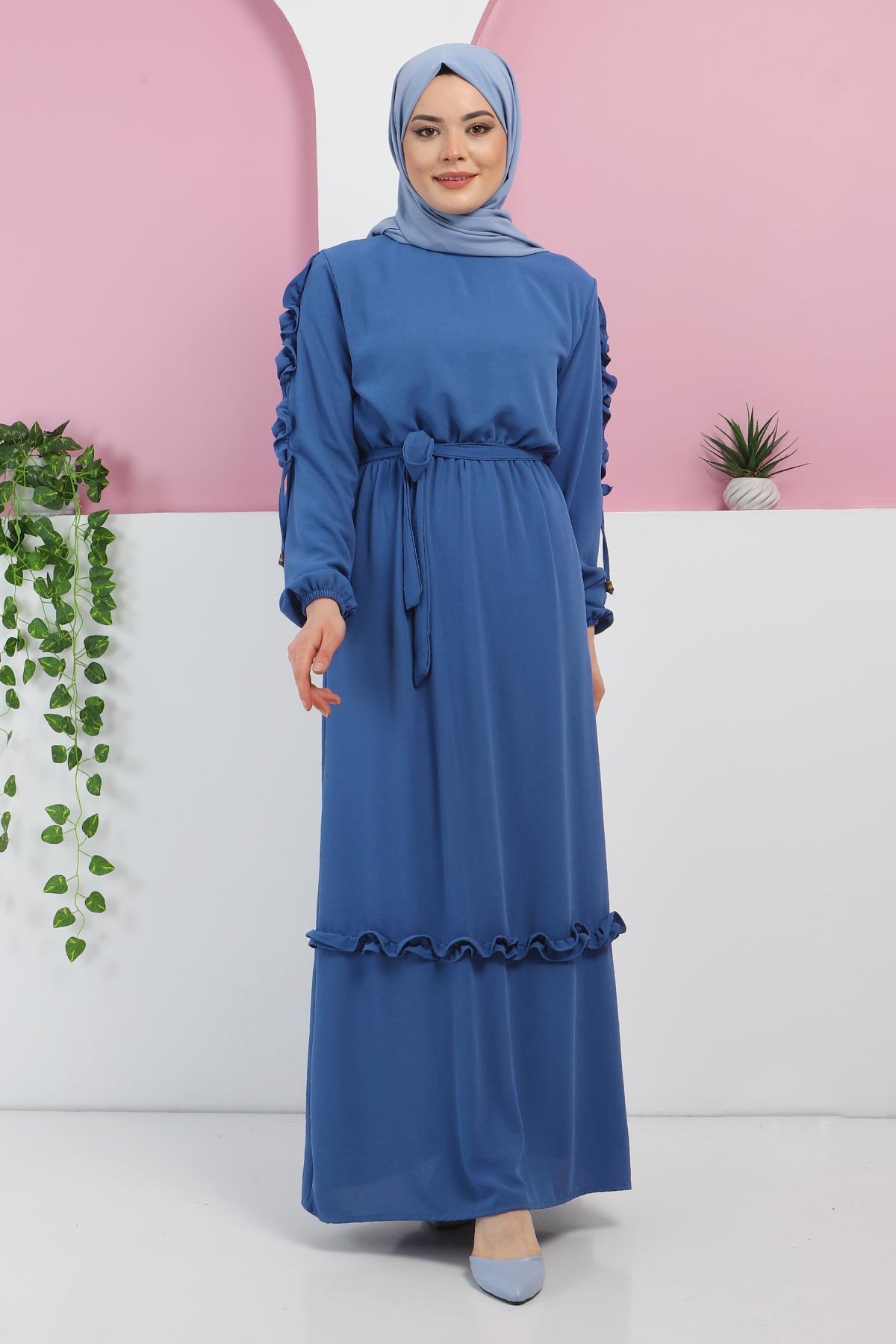 Kolu Fırfırlı Elbise TSD220325 Mavi