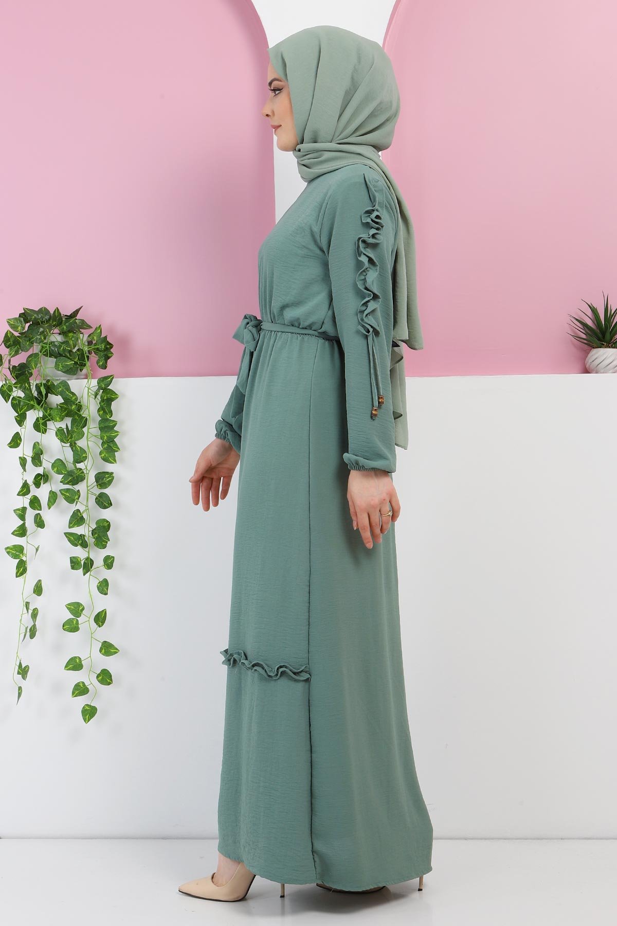 Kolu Fırfırlı Elbise TSD220325 Mint Yeşili