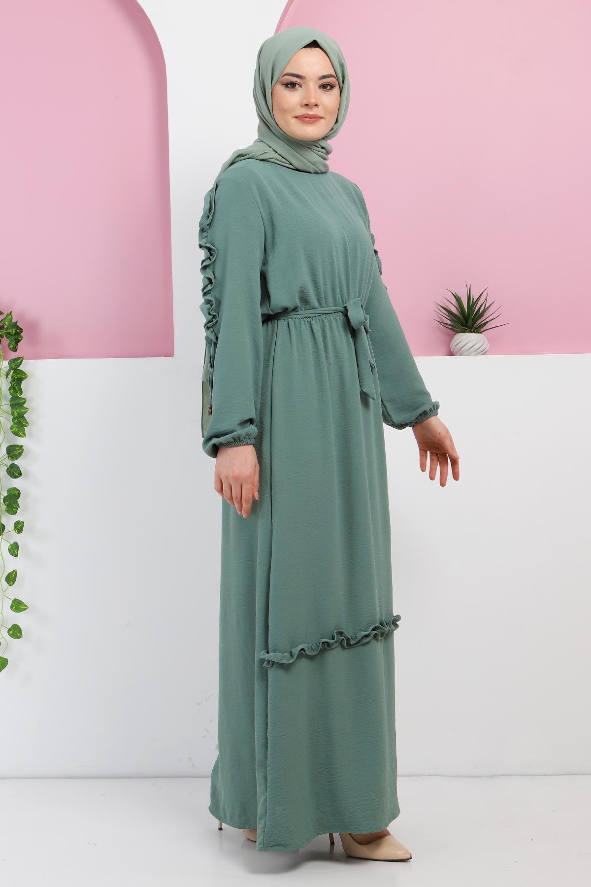Kolu Fırfırlı Elbise TSD220325 Mint Yeşili