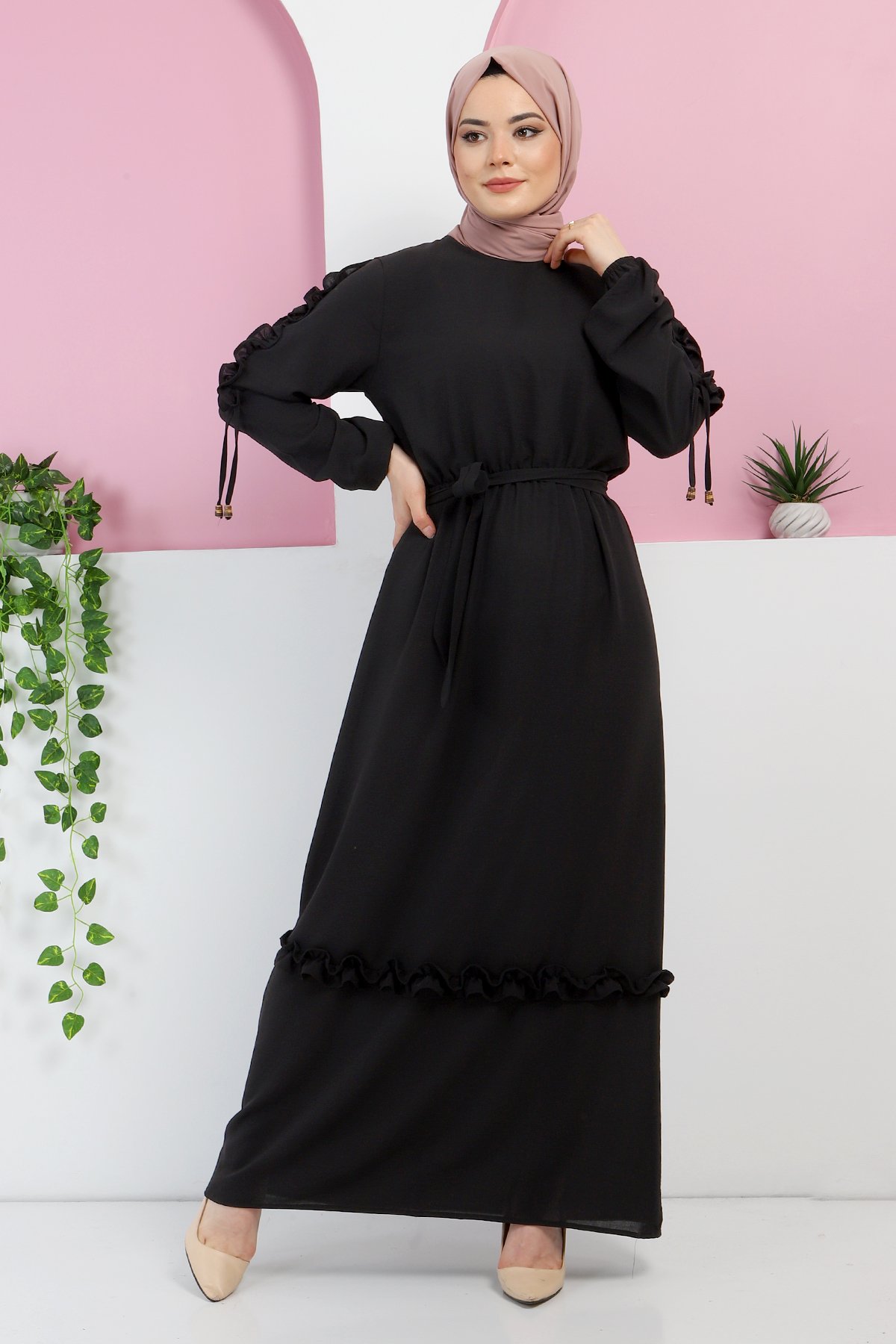 Kolu Fırfırlı Elbise TSD220325 Siyah