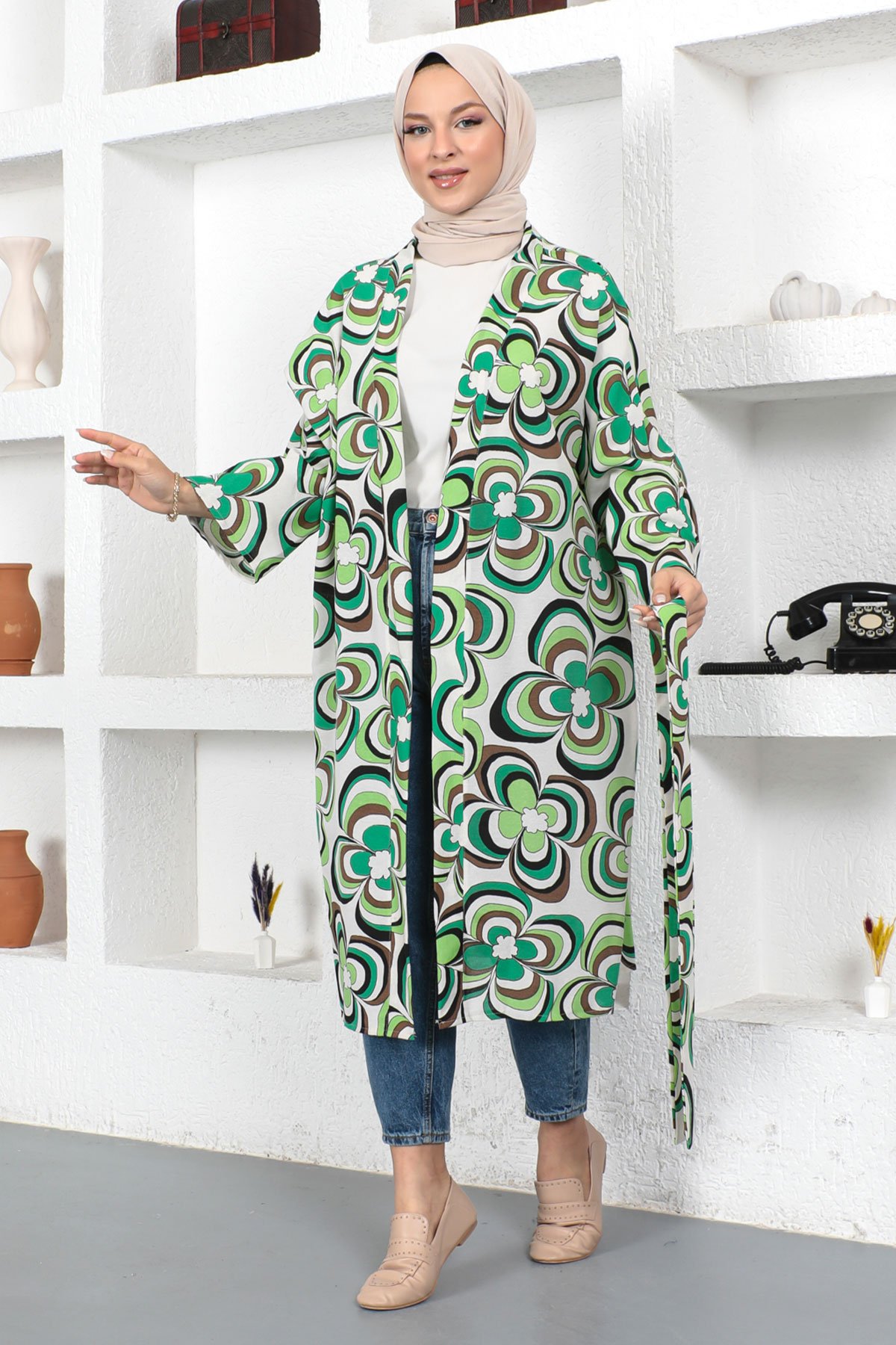 Manolya Desenli Kimono TSD230434 Yeşil