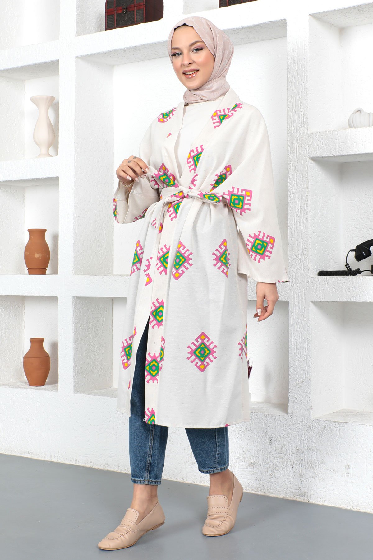 Motifli Kimono TSD230435 Beyaz