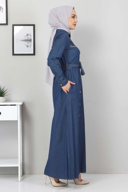Nakışlı Kot Elbise TSD0355 Koyu Mavi