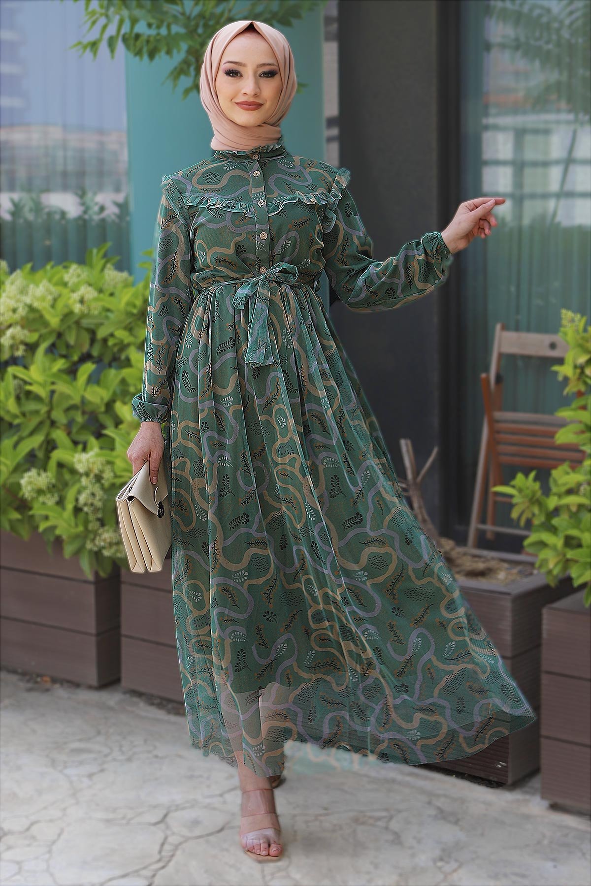 Omuzu Fırfırlı Tül Elbise TSD220526 Yeşil