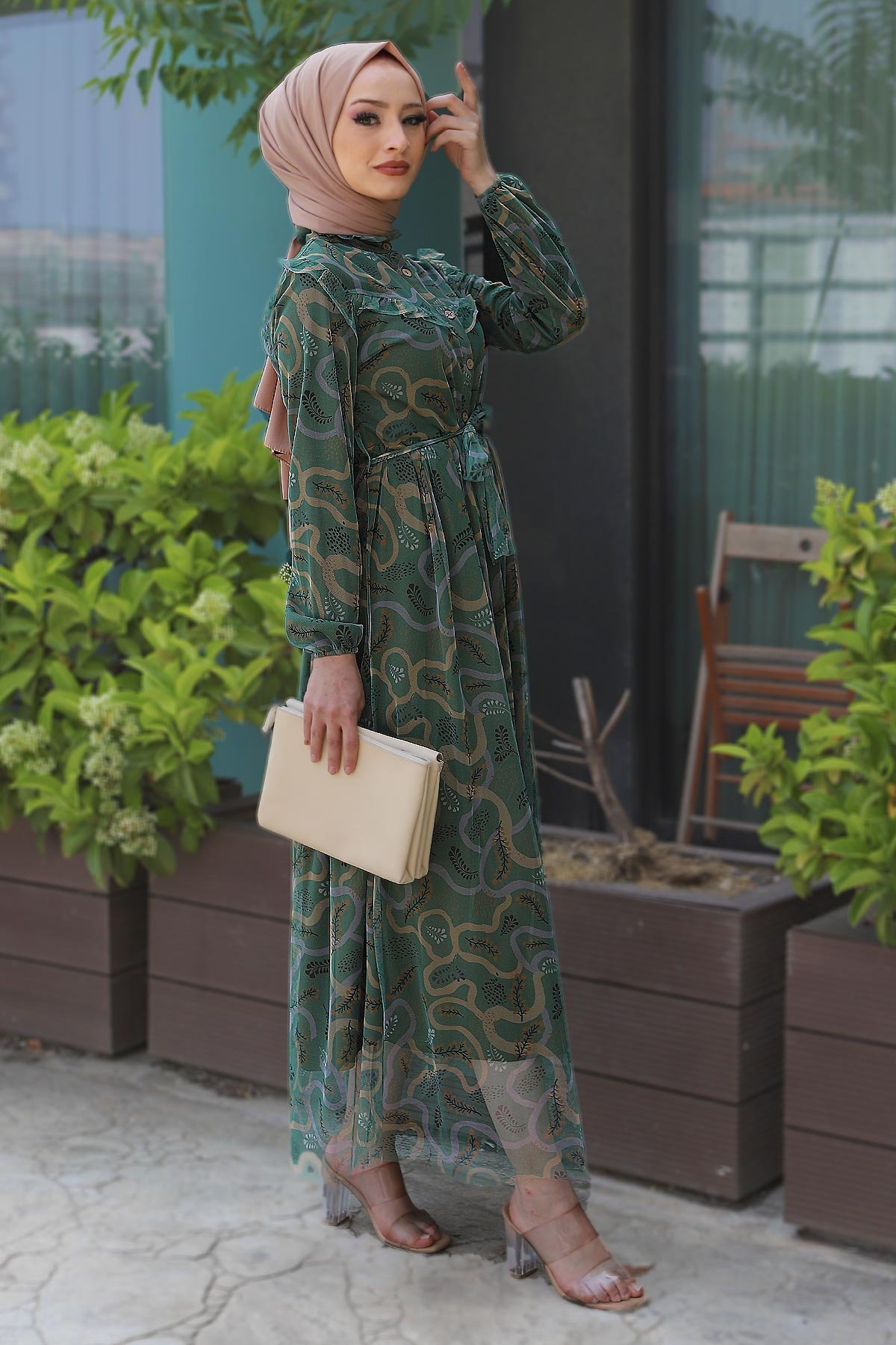 Omuzu Fırfırlı Tül Elbise TSD220526 Yeşil