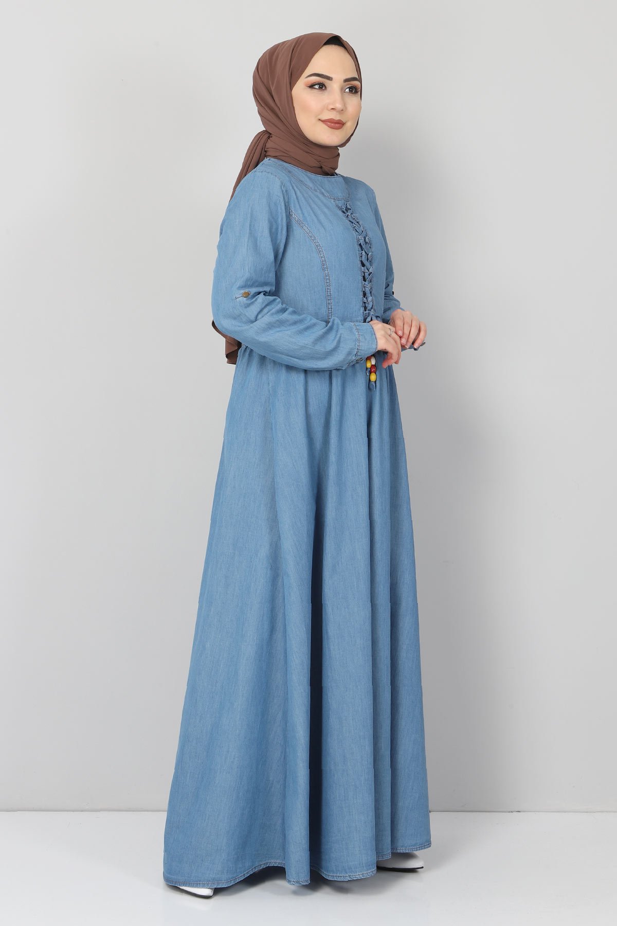Önü Bağcıklı Tesettür Kot Elbise TSD06139 Açık Mavi
