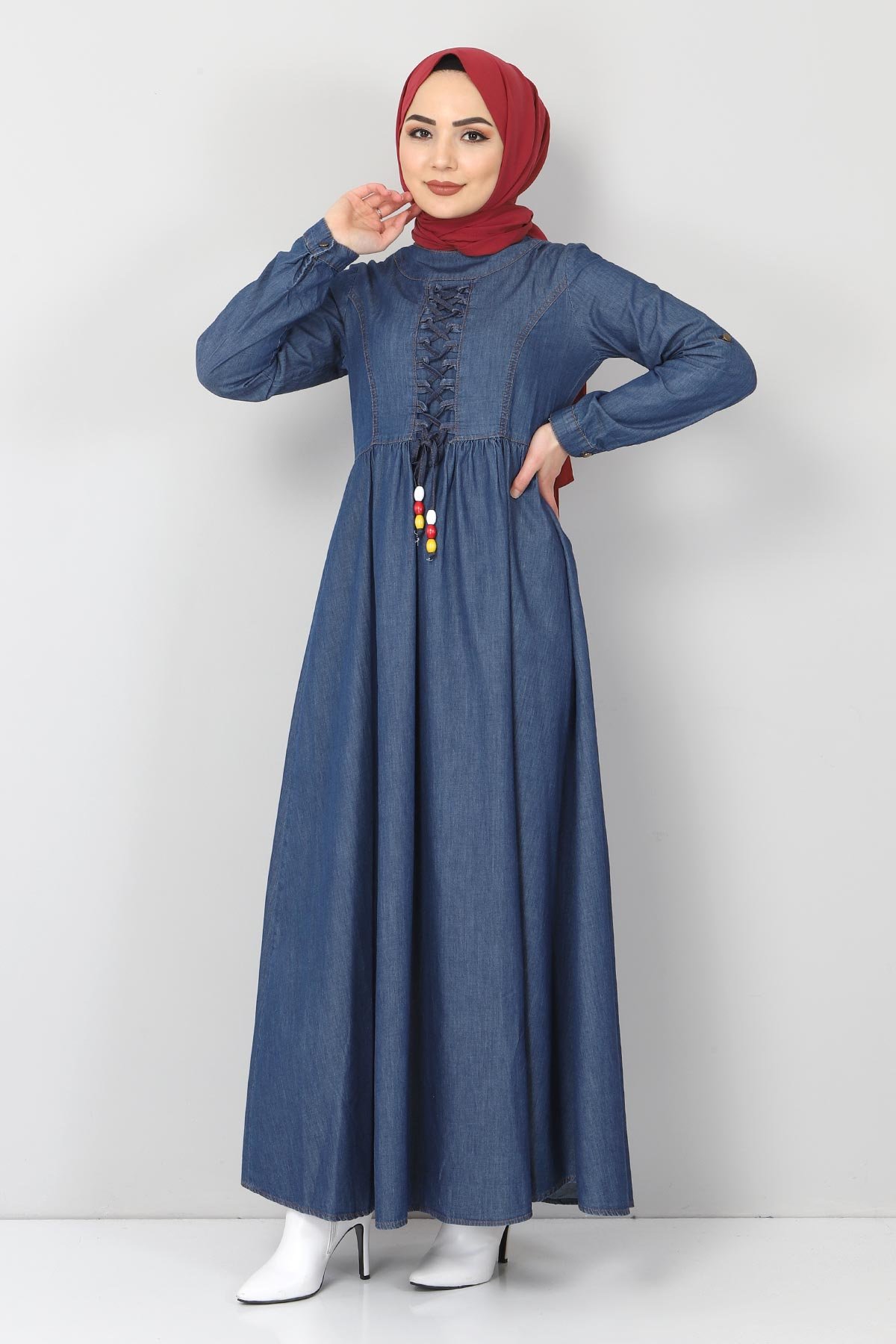 Önü Bağcıklı Tesettür Kot Elbise TSD06139 Koyu Mavi