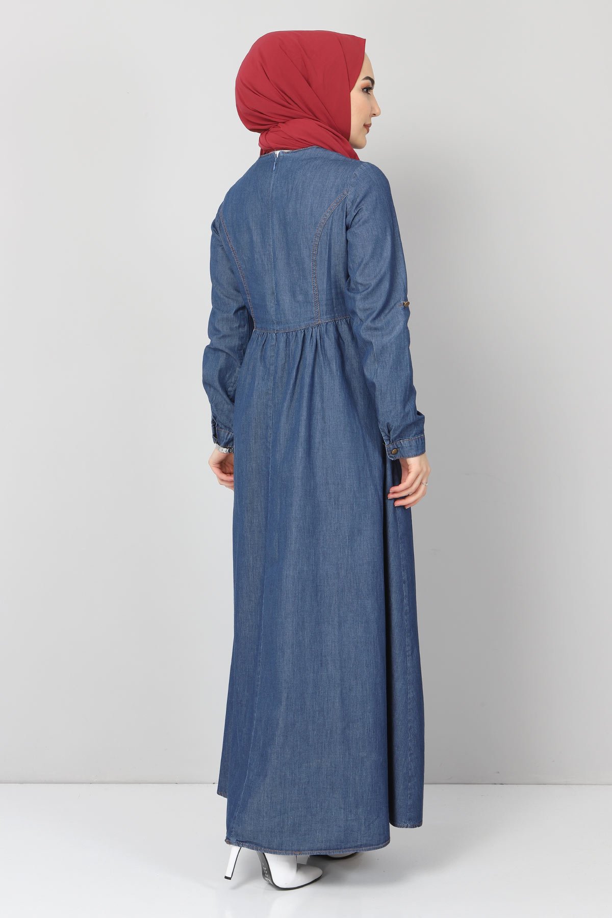 Önü Bağcıklı Tesettür Kot Elbise TSD06139 Koyu Mavi