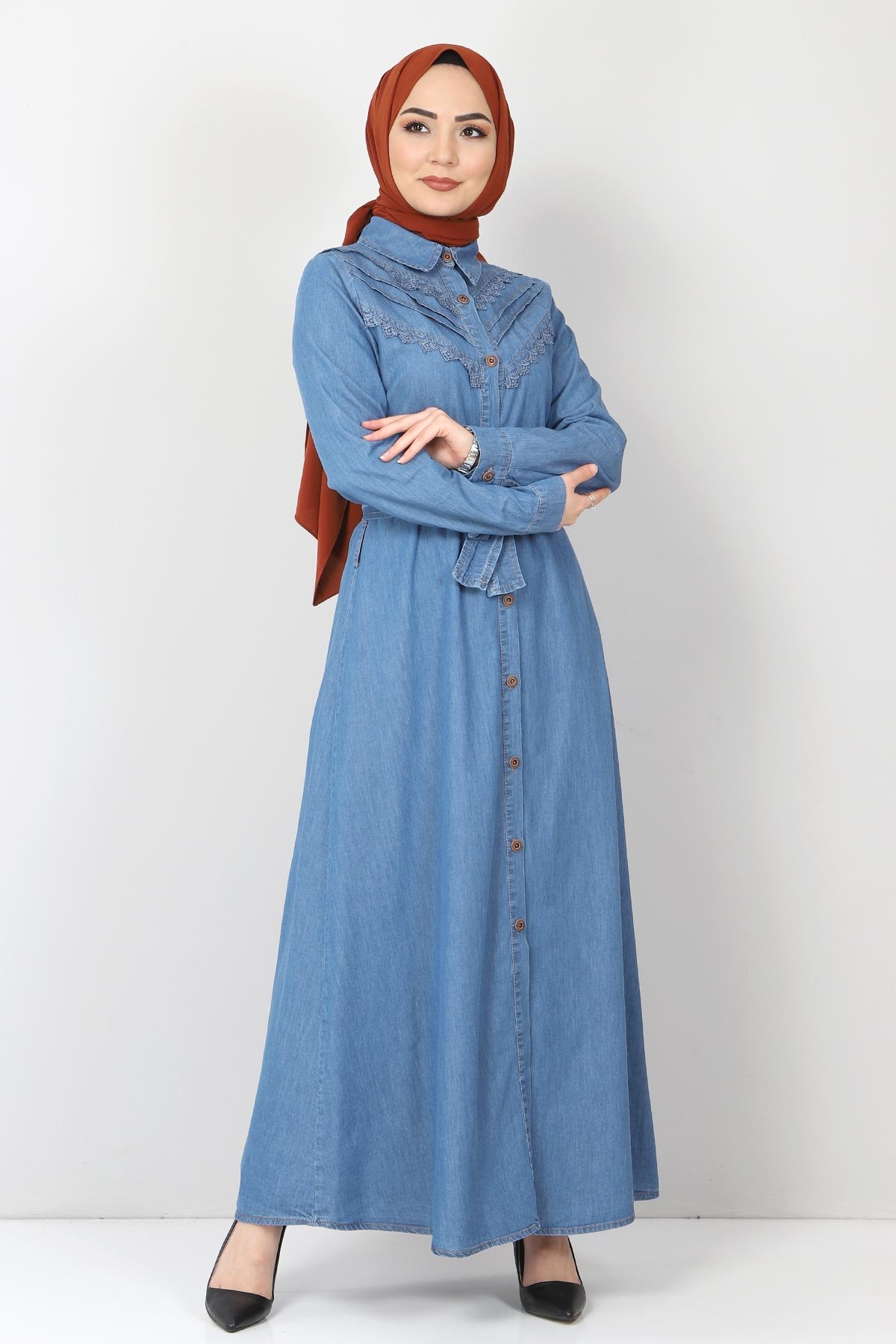 Önü Dantelli Kot Elbise TSD0129 Açık Mavi
