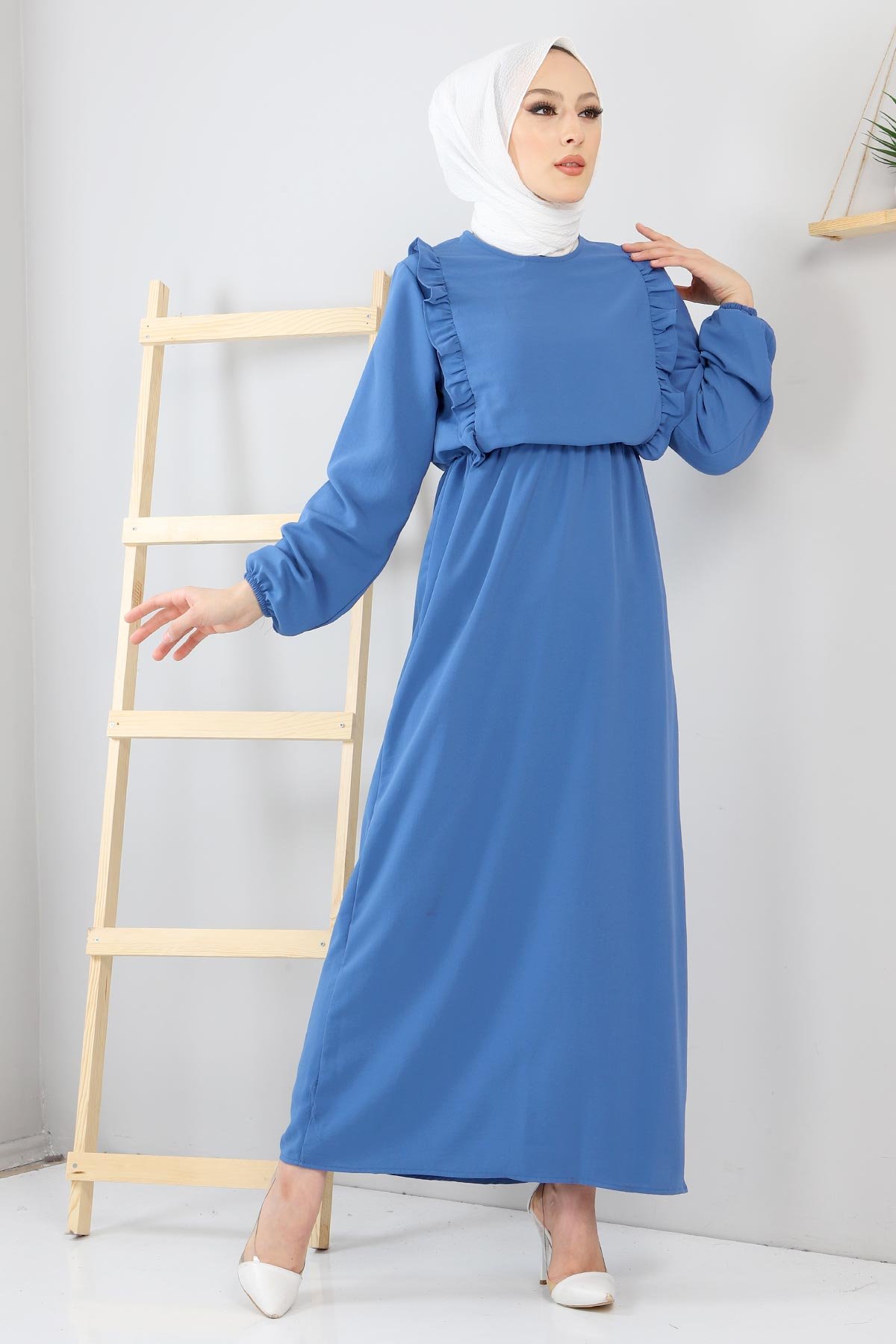 Önü Fırfır Detaylı Elbise TSD220123 Mavi
