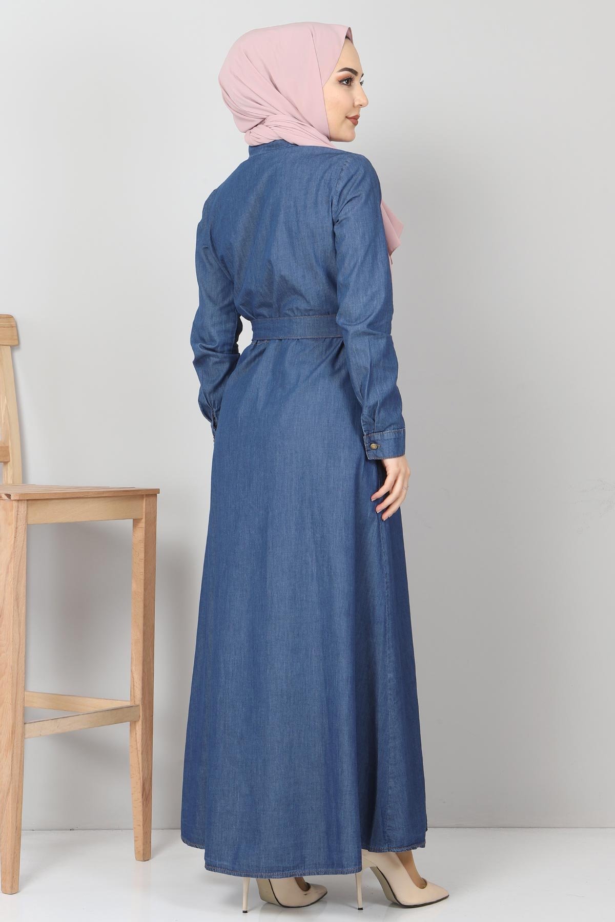 Önü Fırfır Detaylı Kot Elbise TSD0221 Koyu Mavi
