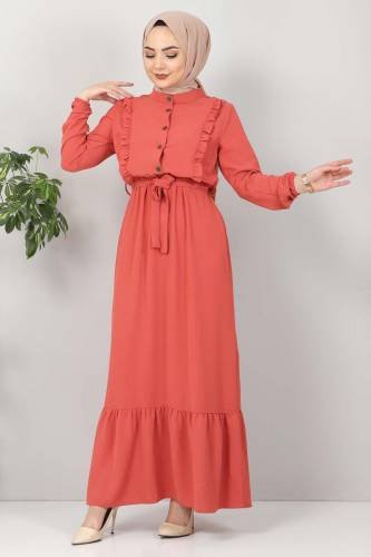 Önü Fırfırlı Ayrobin Elbise TSD11011 Nar Çiçeği - Thumbnail