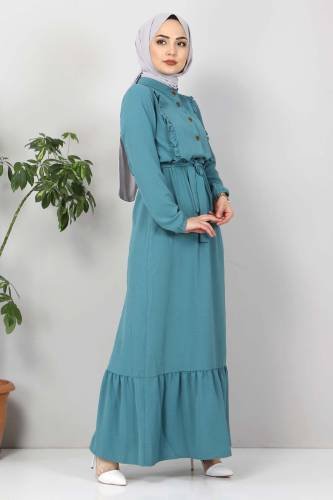 Önü Fırfırlı Ayrobin Elbise TSD11011 Turkuaz - Thumbnail