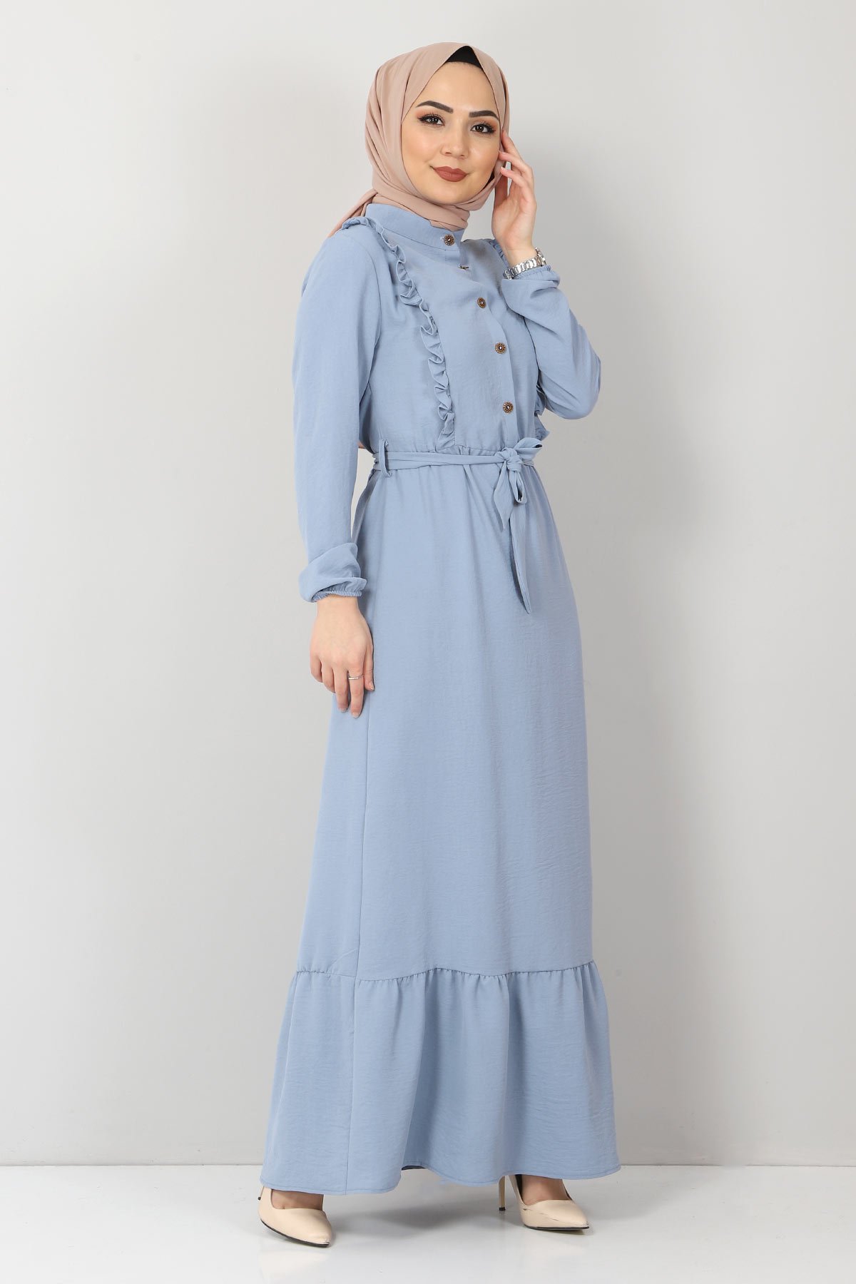 Önü Fırfırlı Ayrobin Elbise TSD11011 Mavi
