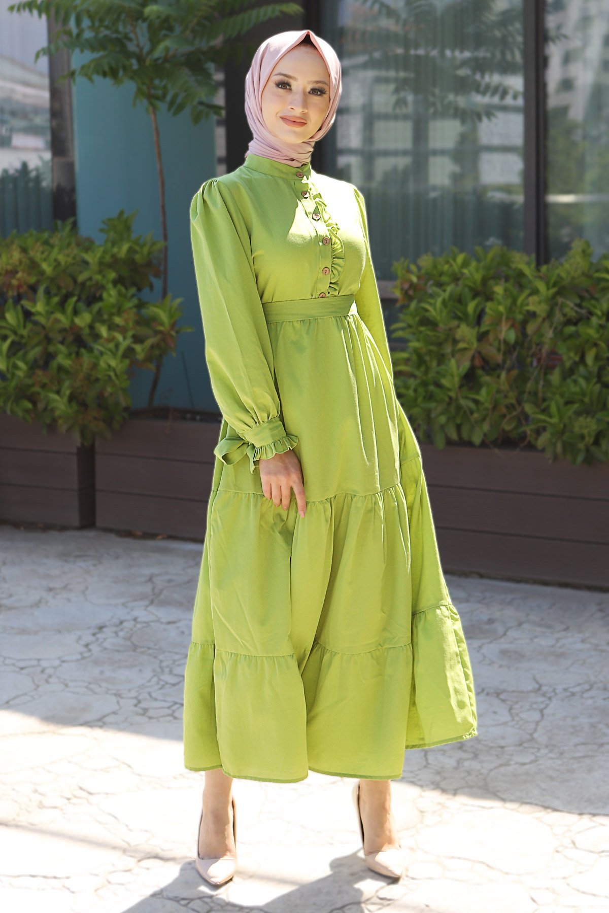 Önü Fırfırlı Elbise TSD220538 Fıstık Yeşili
