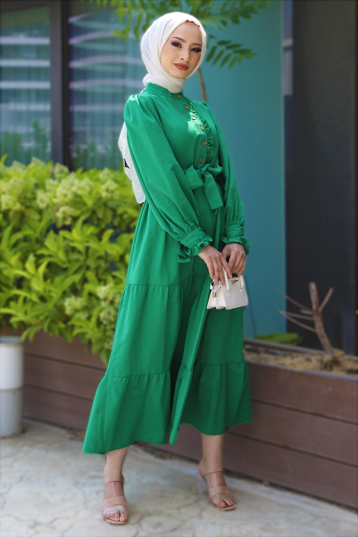 Önü Fırfırlı Elbise TSD220538 Yeşil