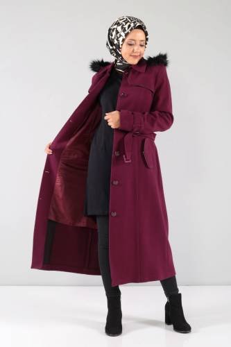 Önü ve Cebi Kapaklı Kaşe Palto MVC841 Şarabi - Thumbnail