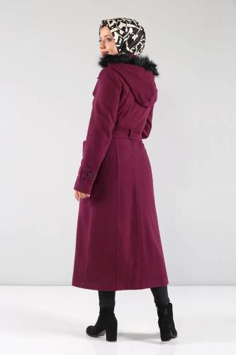 Önü ve Cebi Kapaklı Kaşe Palto MVC841 Şarabi - Thumbnail