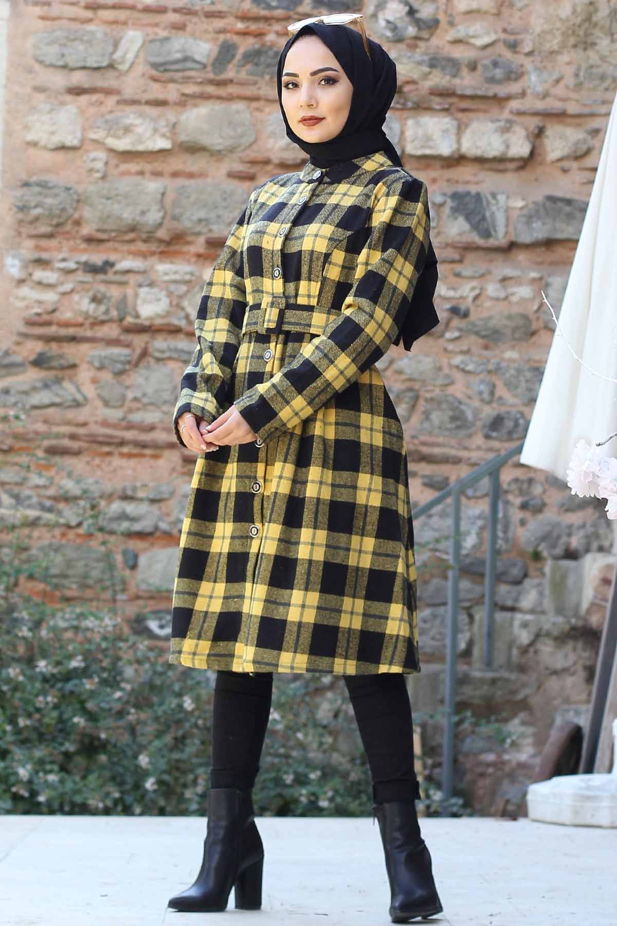 Plaid Patterned Arched Cape TSD0257 Mustard