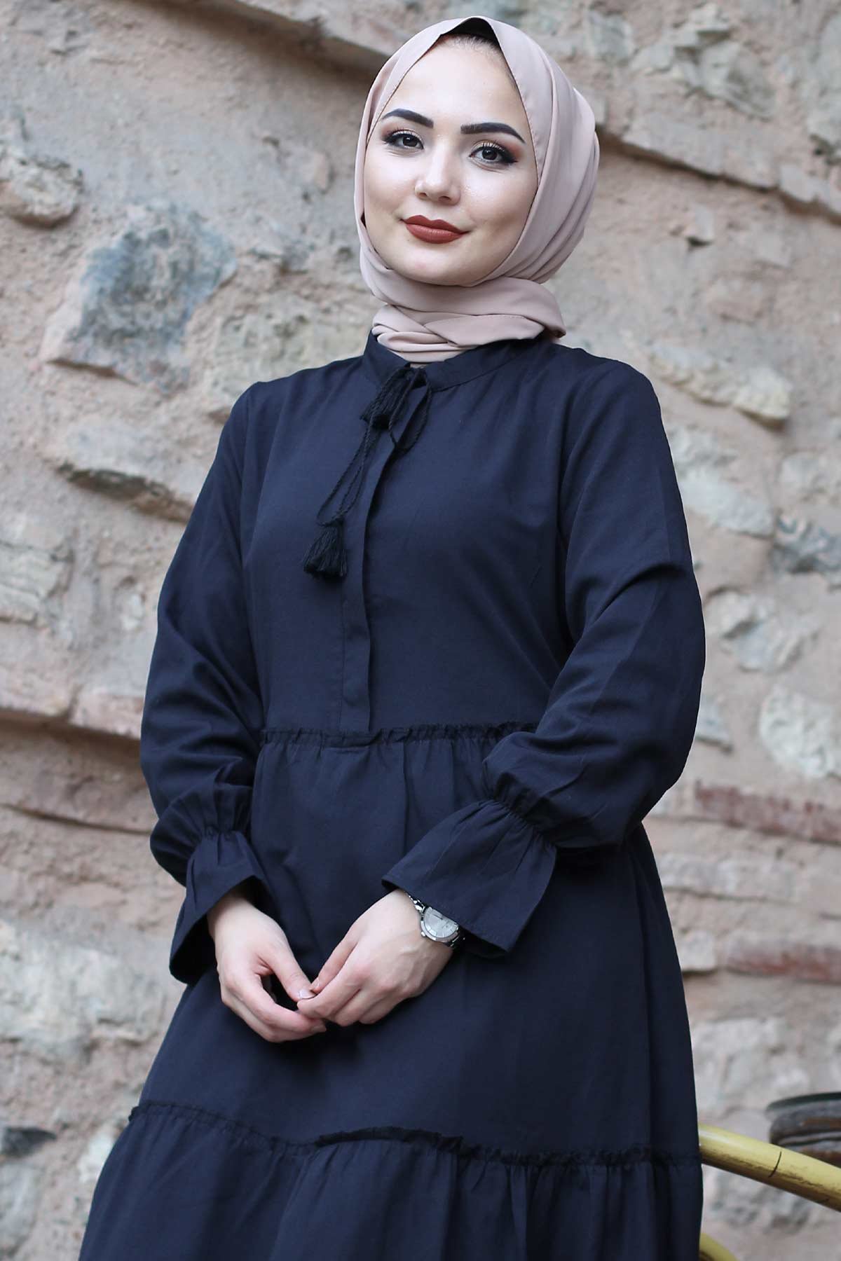 Pleated Elastic Sleeve Hijab Dress TSD0173 Black