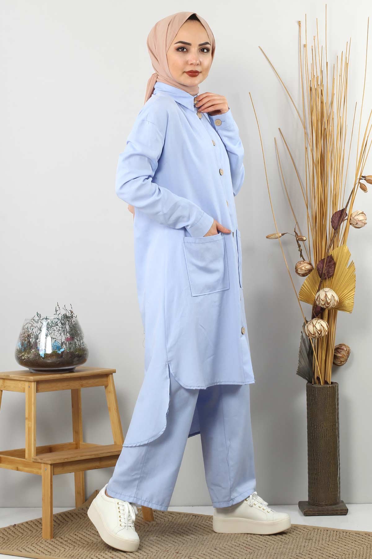 Pocketed Double Hijab Suit TSD0082 Baby Blue