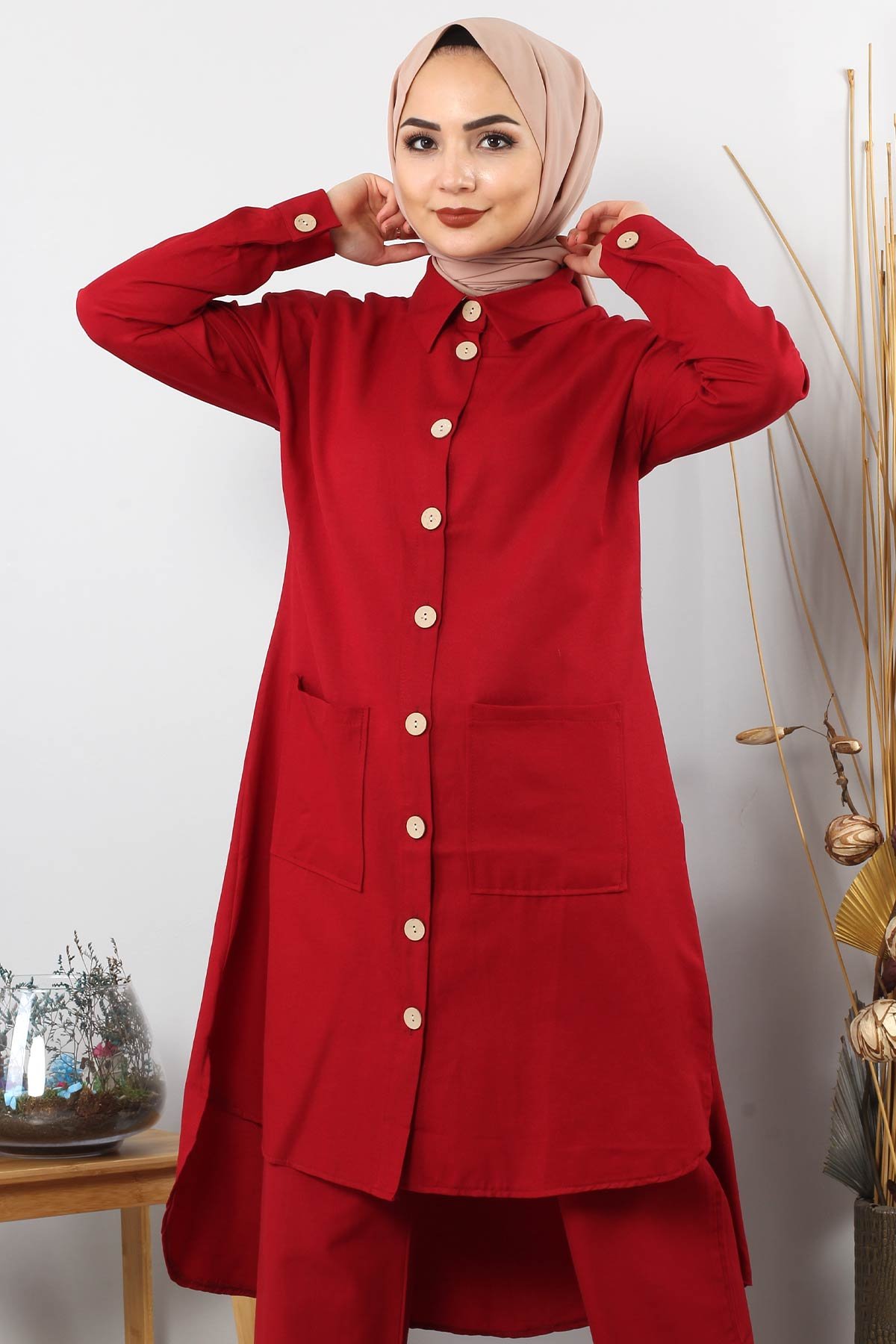 Pocketed Double Hijab Suit TSD0082 Claret Red