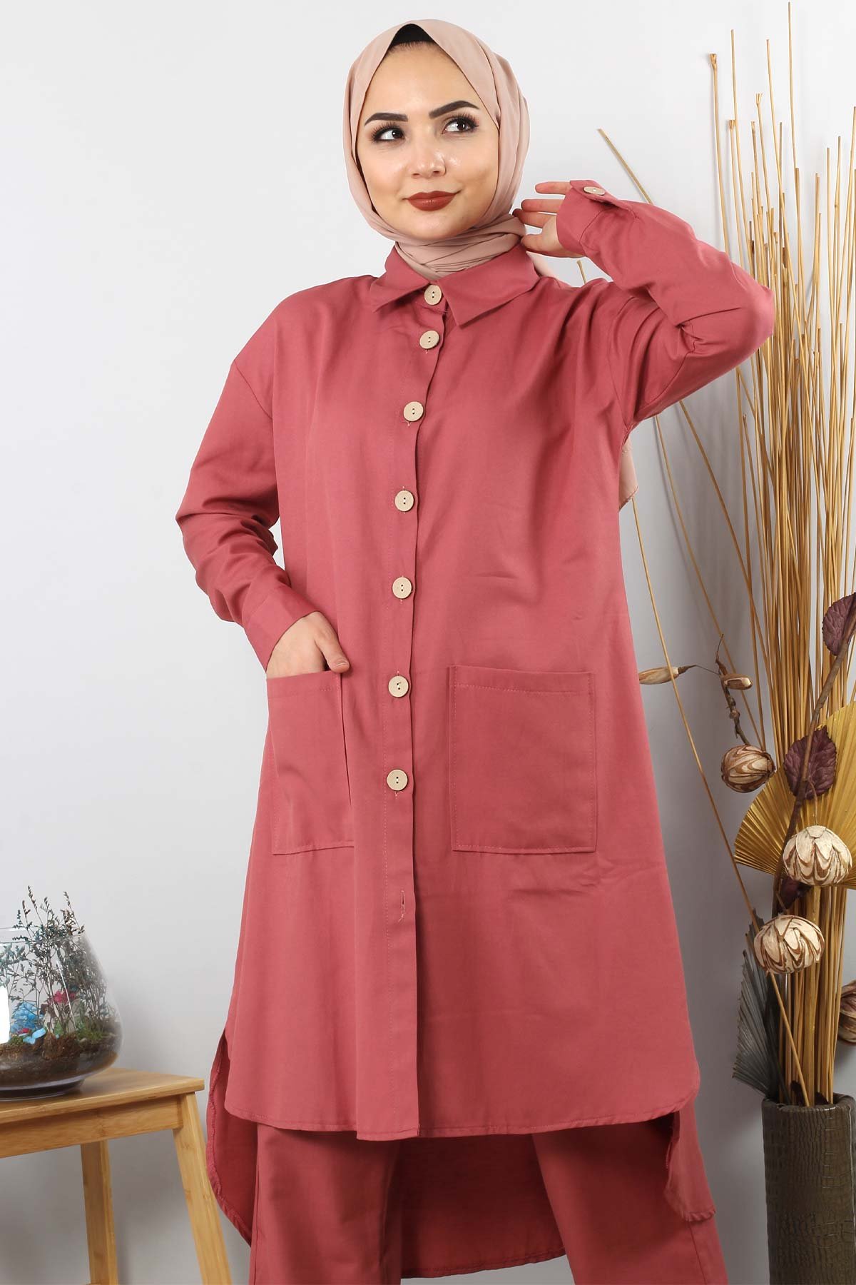 Pocketed Double Hijab Suit TSD0082 Coral