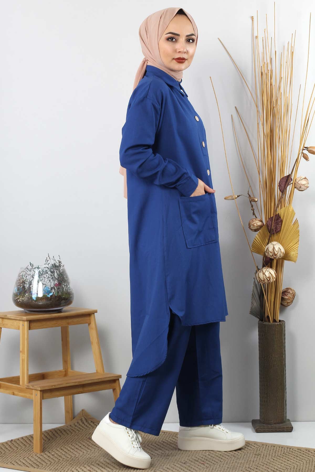 Pocketed Double Hijab Suit TSD0082 Indigo