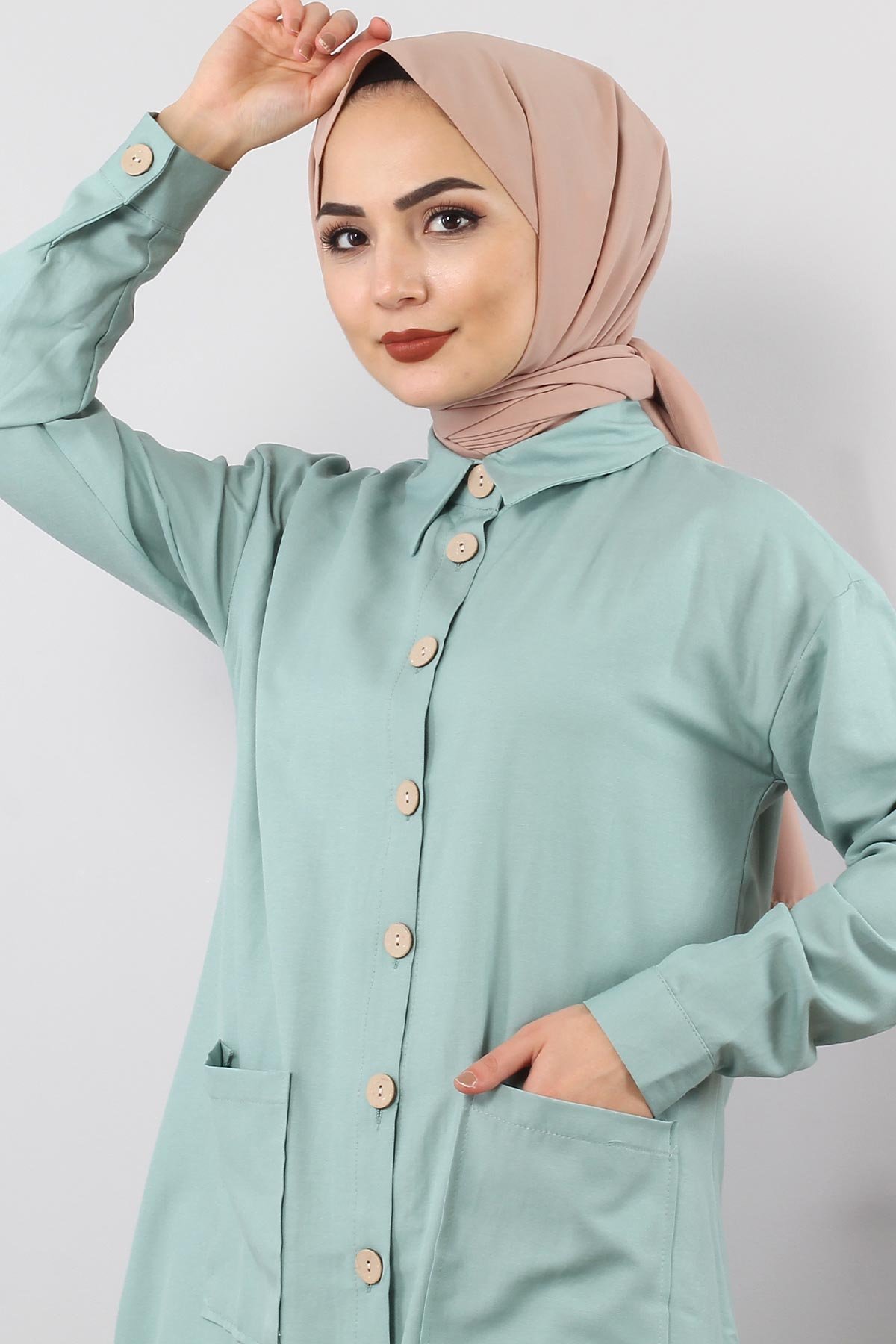 Pocketed Double Hijab Suit TSD0082 Mint