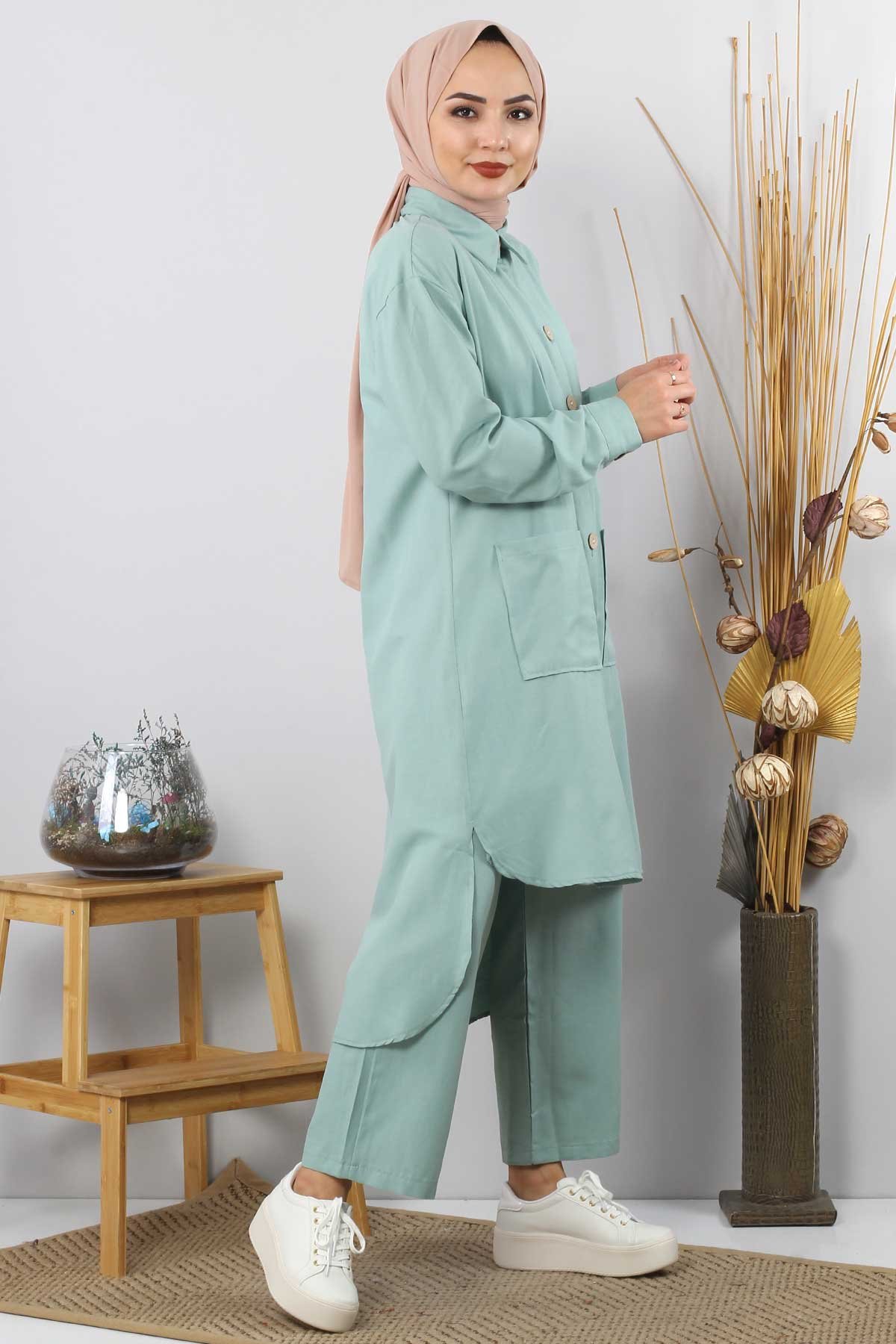 Pocketed Double Hijab Suit TSD0082 Mint