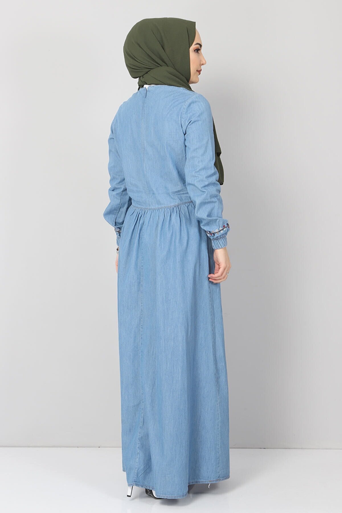 Püskül Detaylı Nakışlı Kot Elbise TSD006151 Açık Mavi