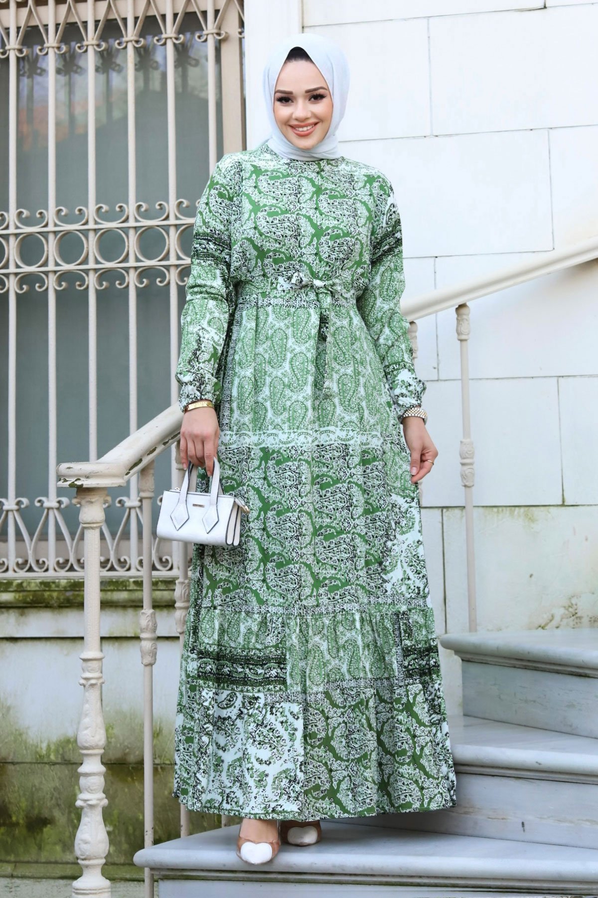 Şal Desenli Eteği Volanlı Elbise TSD240206 Yeşil