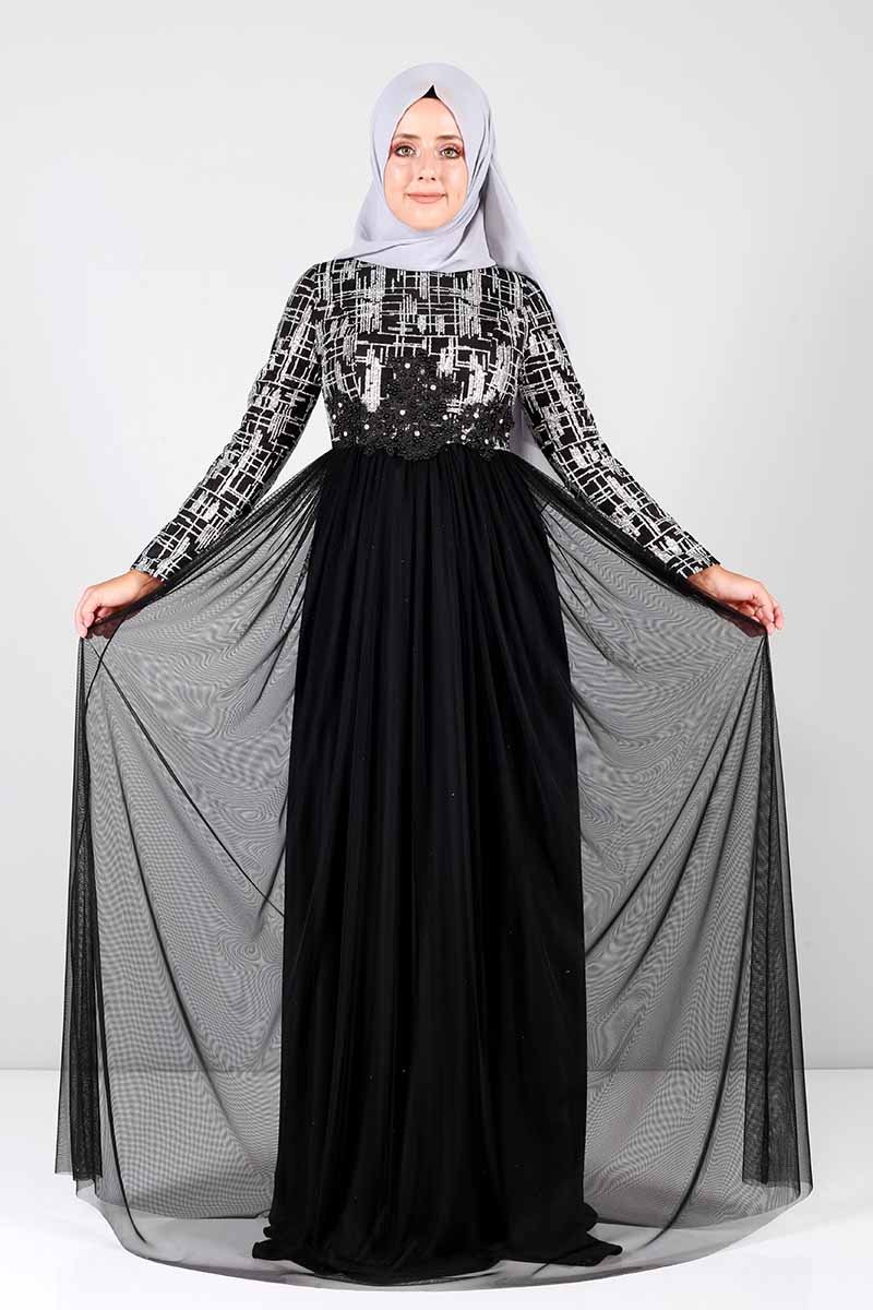 Silvery Laced Evening Dress INS333 Black
