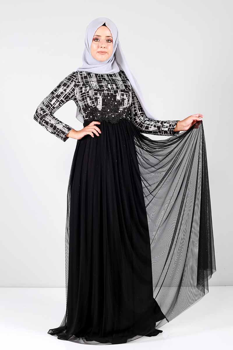 Silvery Laced Evening Dress INS333 Black