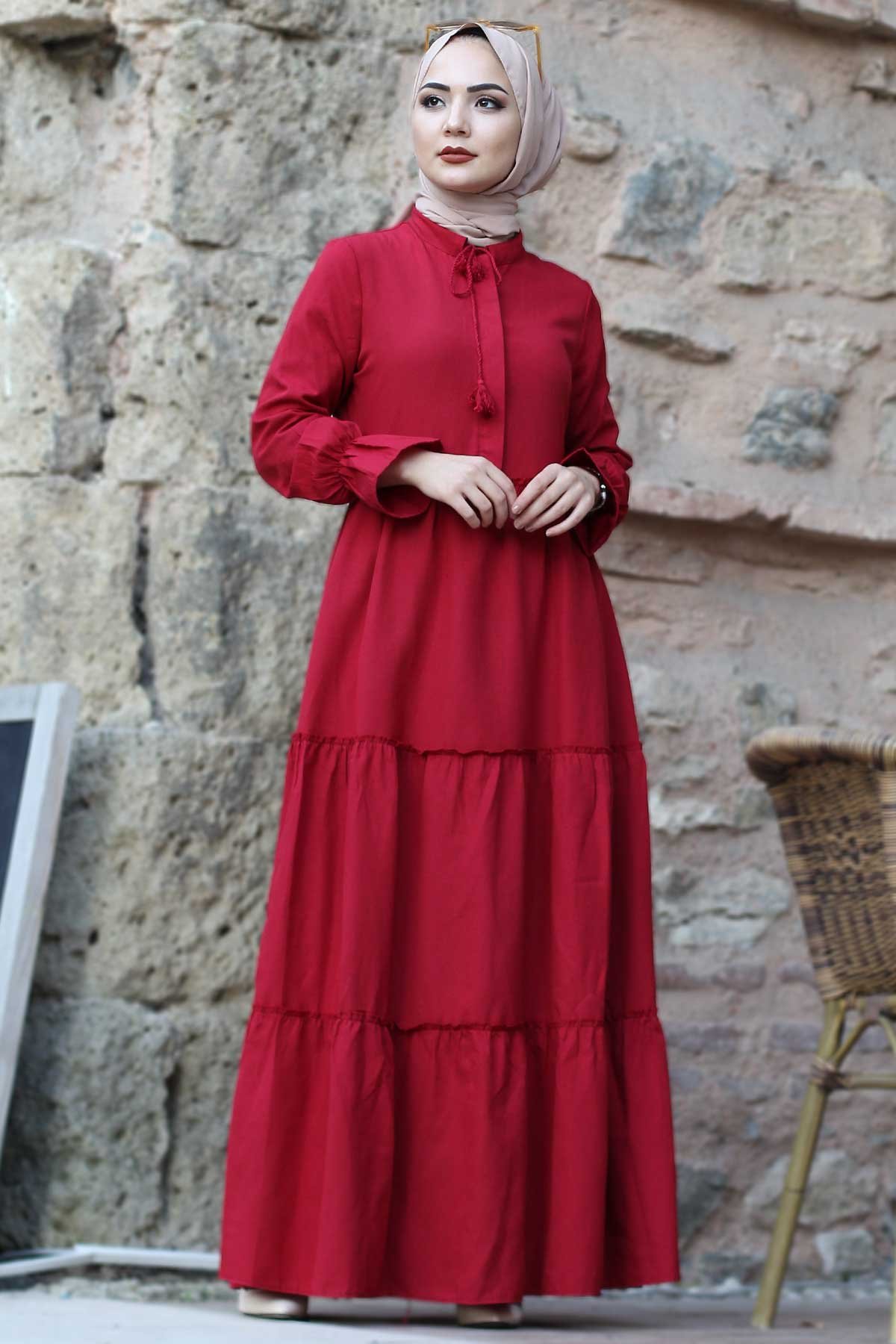 فستان بأكمام مطاطية TSD0173 أحمر كلاريت