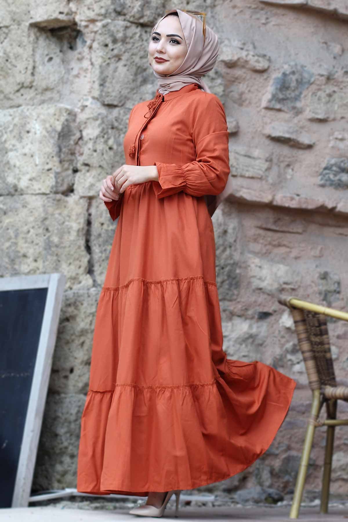 فستان بأكمام مطاطية TSD0173 برتقالي