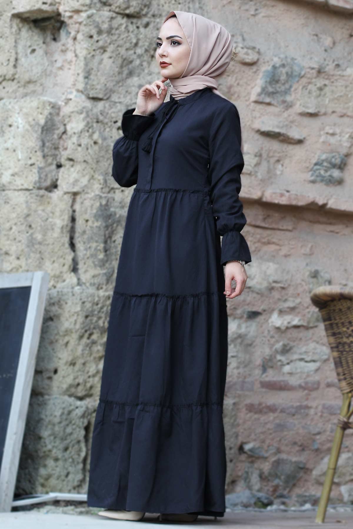 فستان حجاب بأكمام مطاطية بطيات TSD0173 أسود