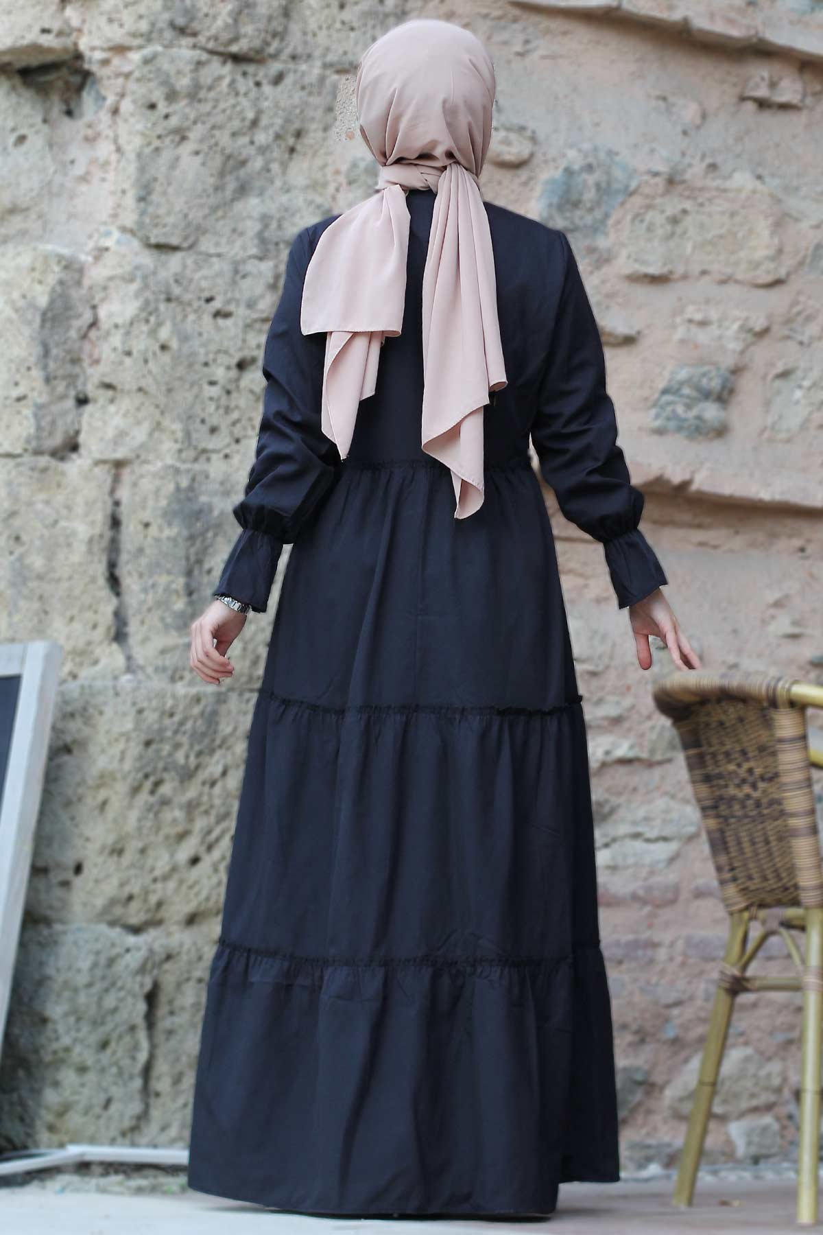 فستان حجاب بأكمام مطاطية بطيات TSD0173 أسود