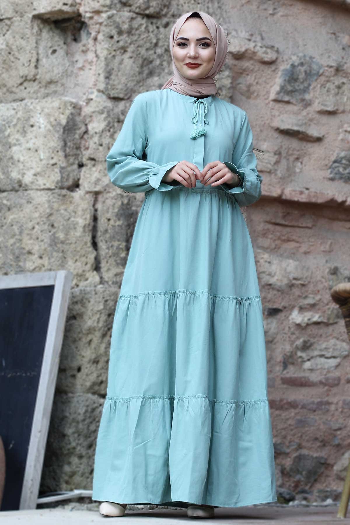 فستان بأكمام مطاطية بطيات TSD0173 لون أخضر فاتح