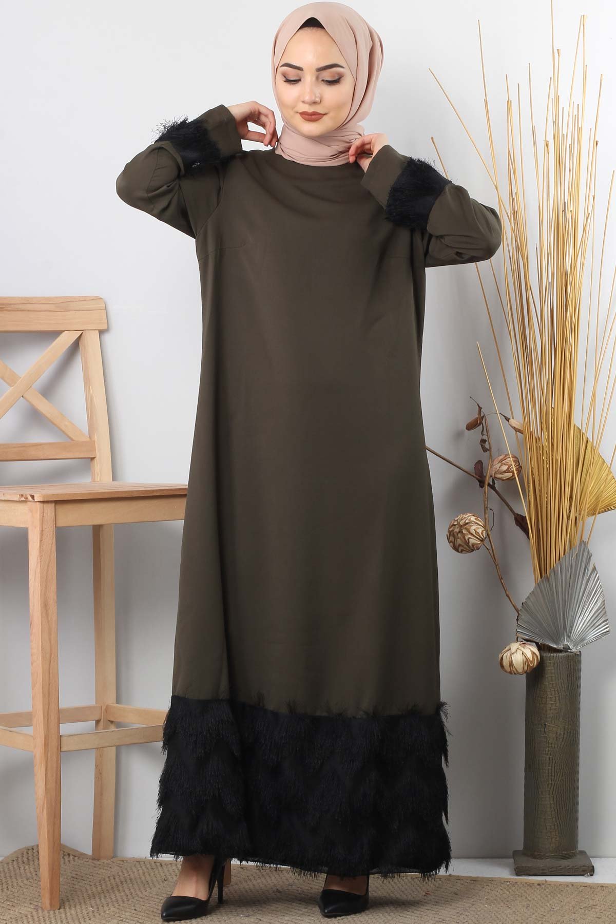 فستان مزين بشراشيب TSD0963 خاكي