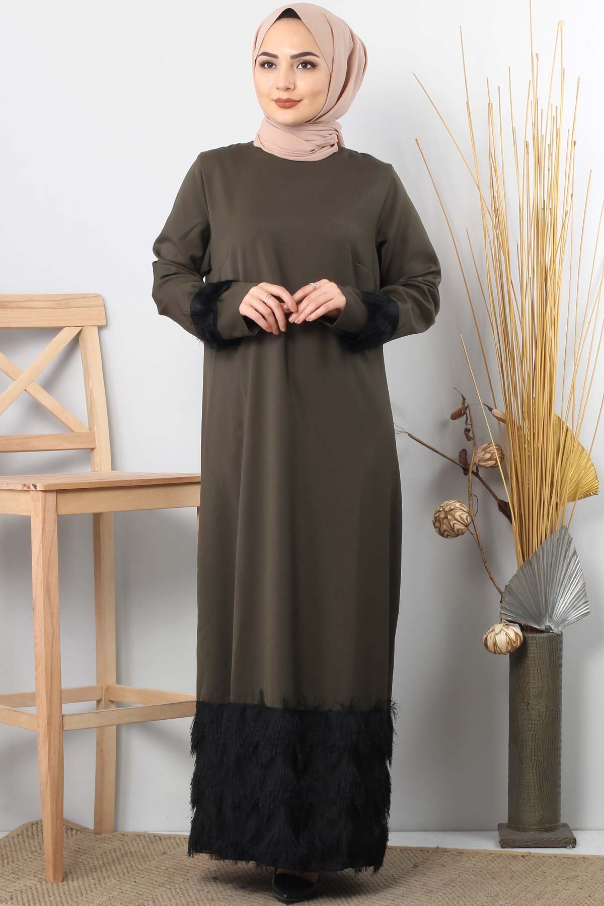 فستان مزين بشراشيب TSD0963 خاكي